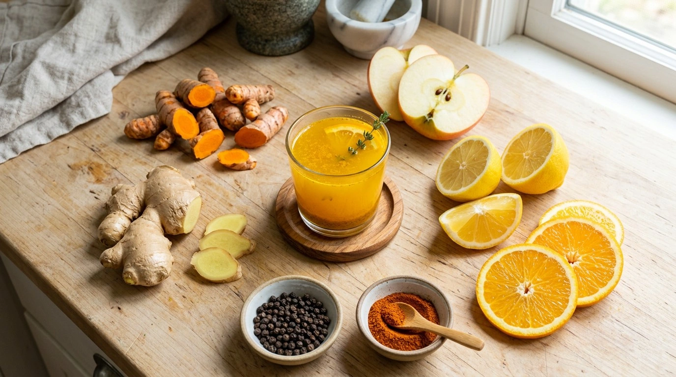 Fresh turmeric, ginger, lemon, apple, black pepper and cayenne used in turmeric and ginger shots
