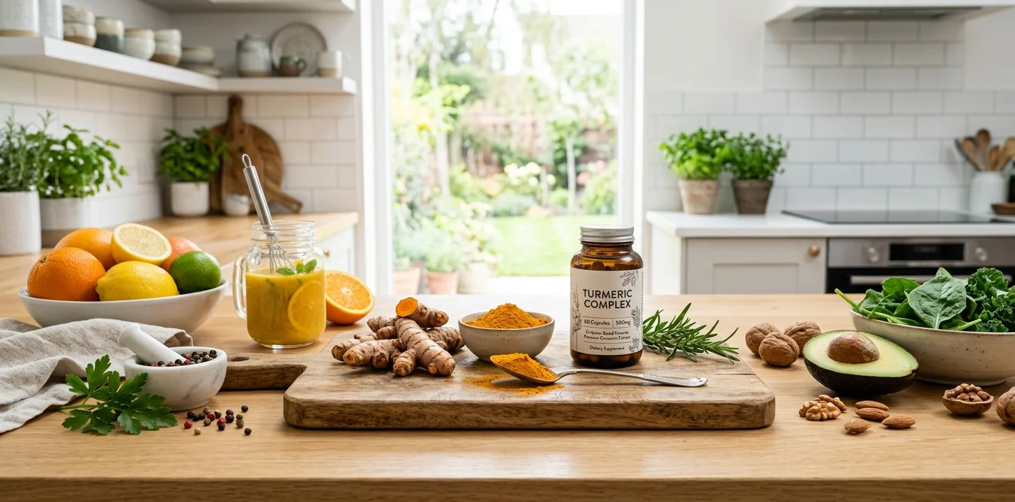Fresh turmeric root, turmeric powder and a turmeric supplement in a bright kitchen