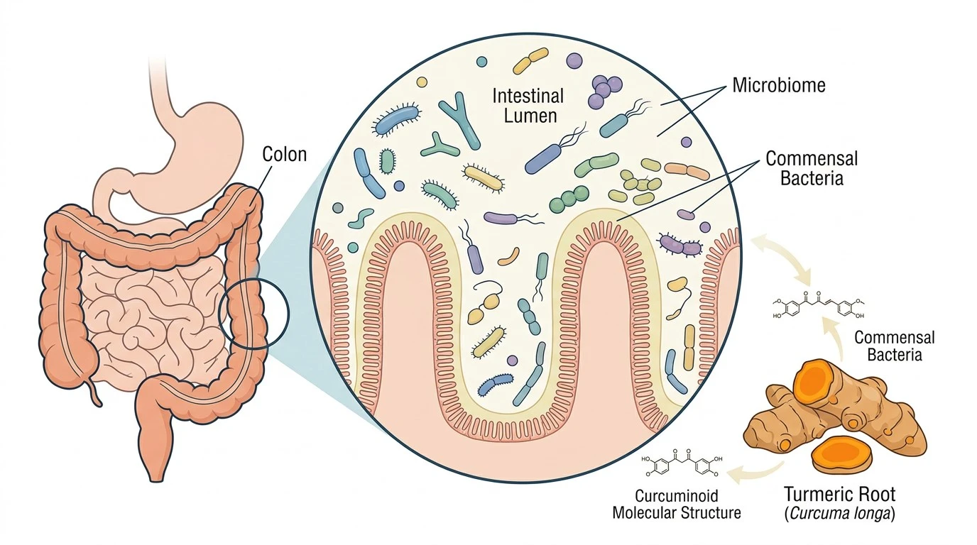 Illustration representing research into turmeric, curcumin and the gut microbiome