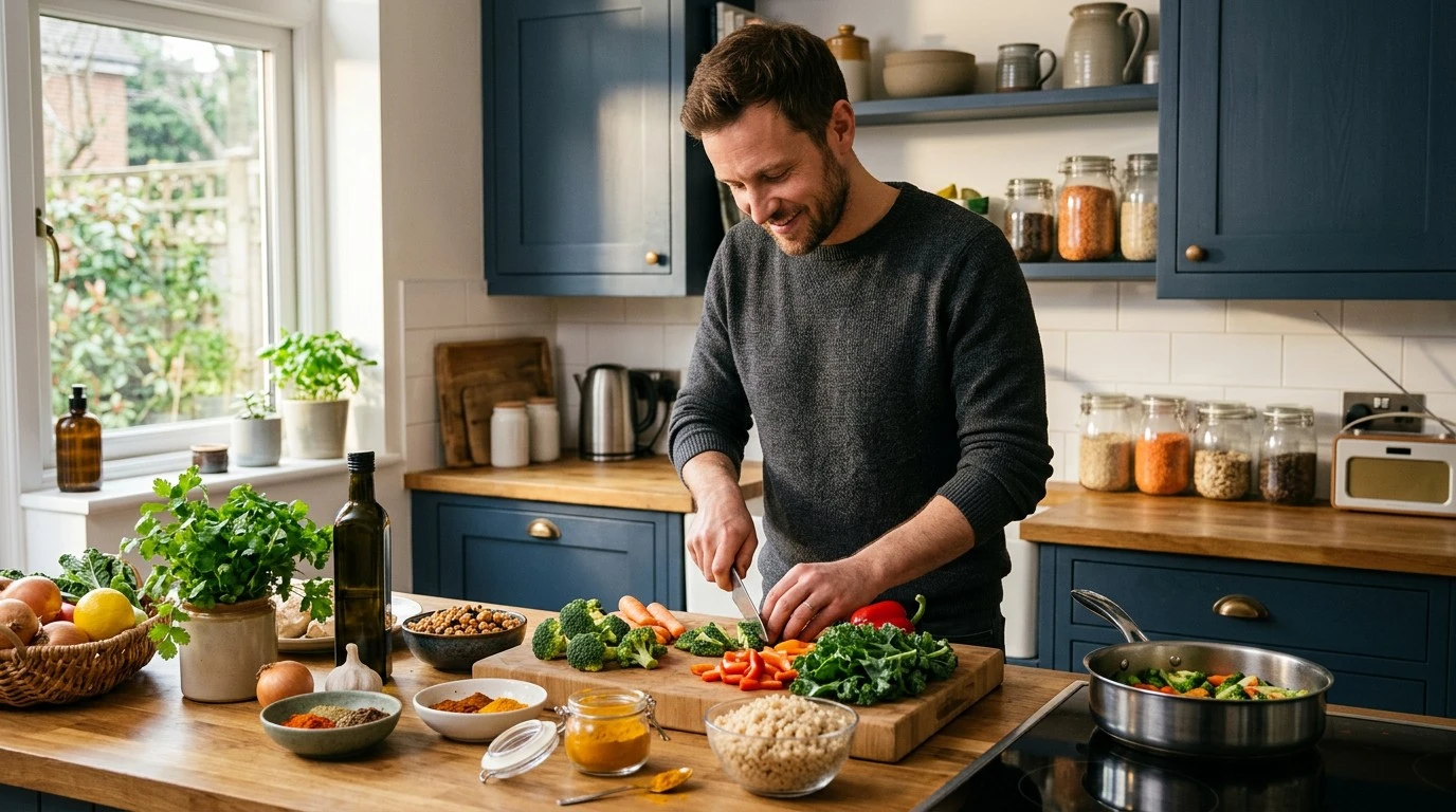 Adult preparing a balanced meal containing turmeric and a variety of nutritious foods