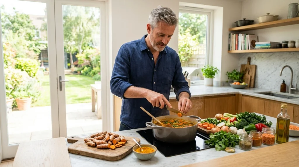 Healthy adult preparing nutritious food with turmeric in a home kitchen