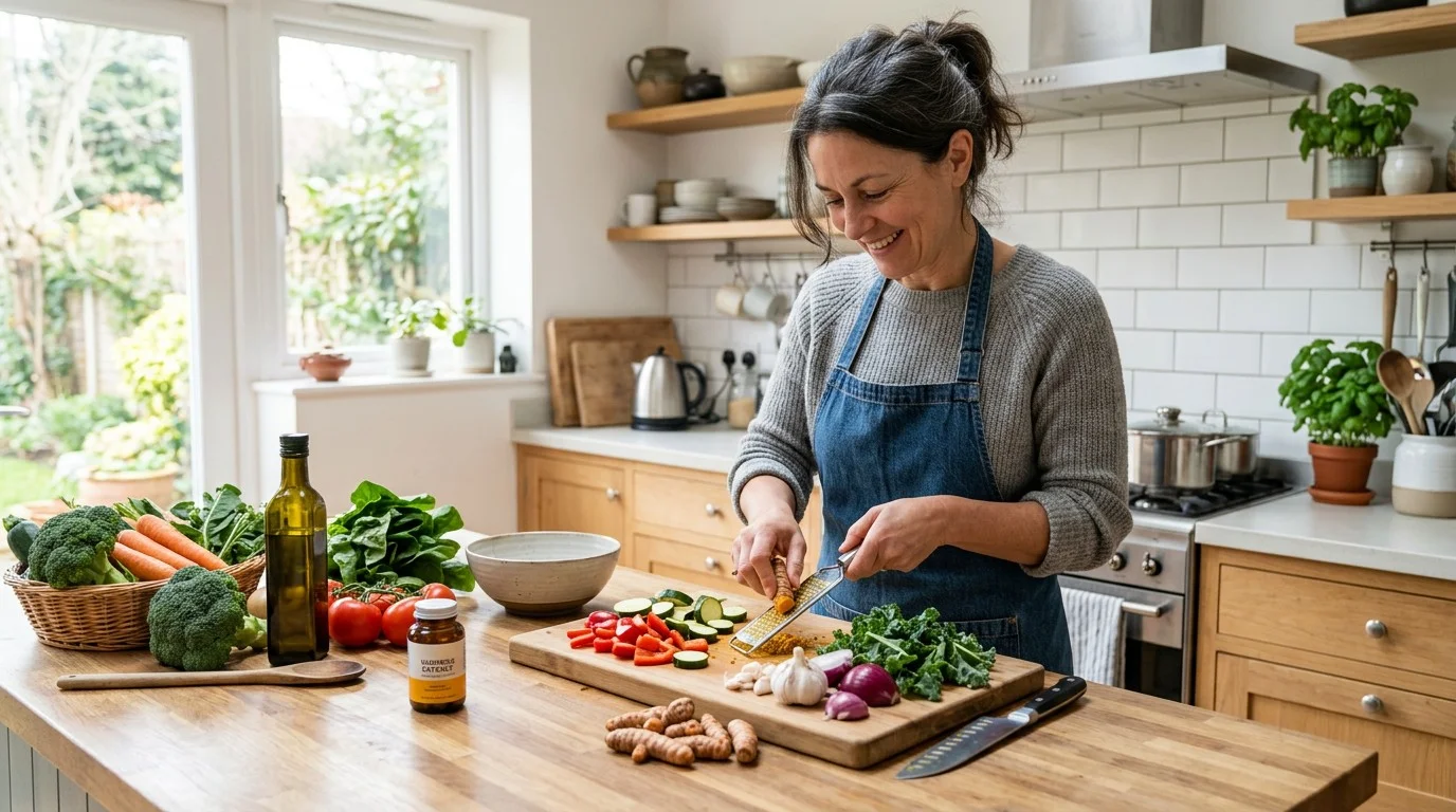 Adult preparing healthy food with fresh turmeric and a turmeric supplement nearby