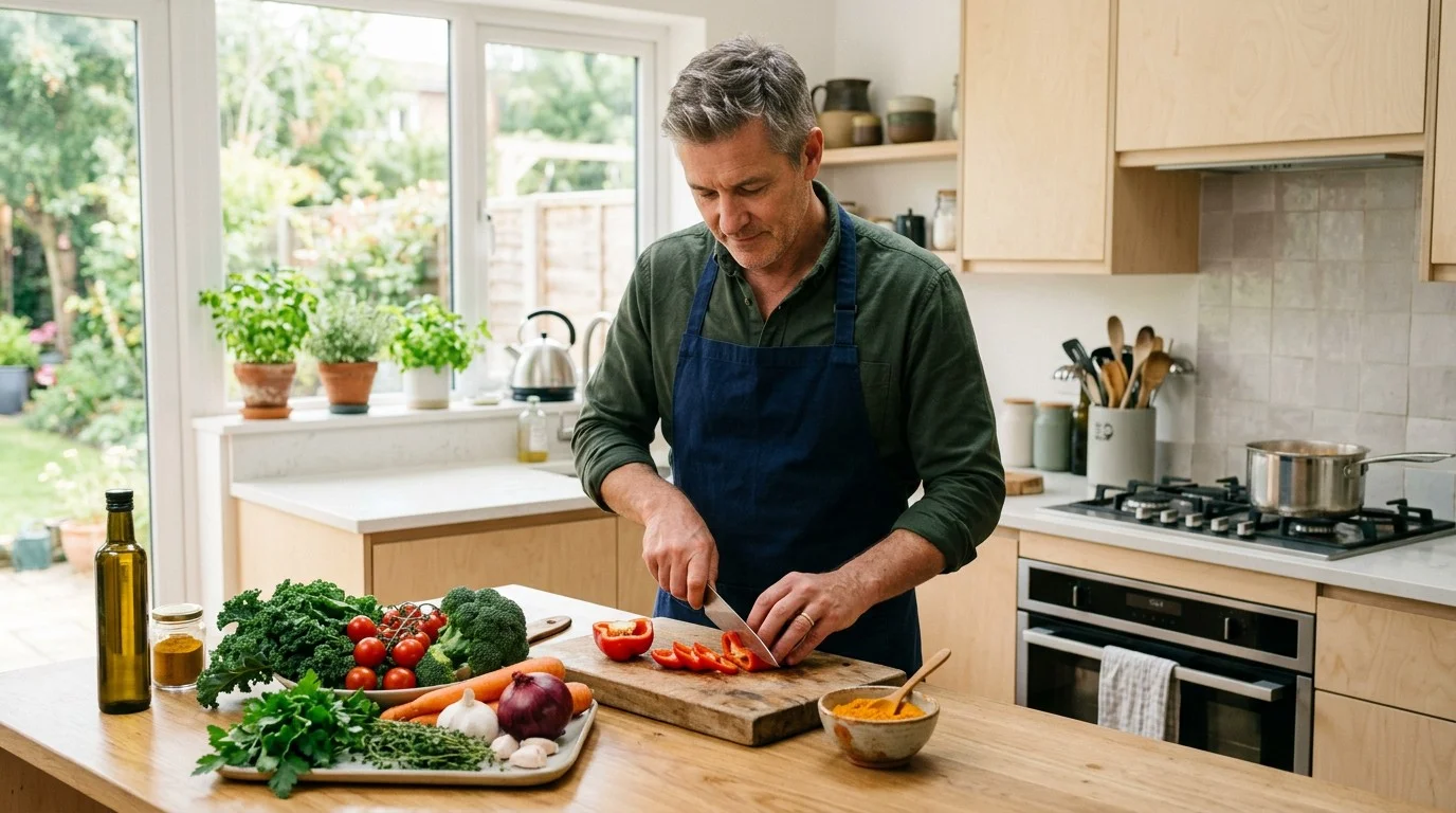 Adult preparing a healthy meal with turmeric, vegetables and nutritious foods