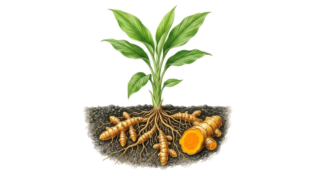 Illustration of a turmeric plant showing Curcuma longa leaves and underground rhizomes