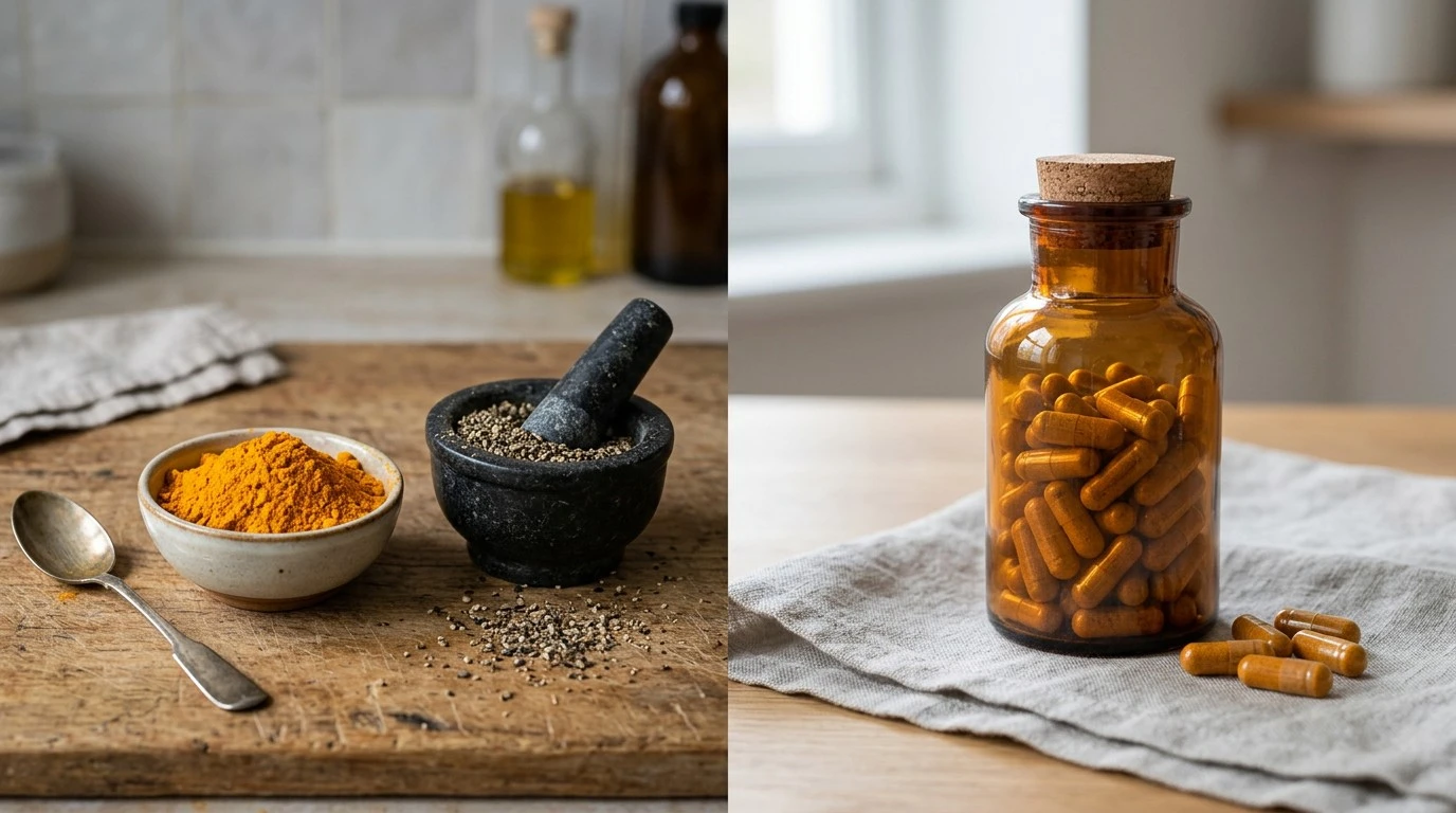 Turmeric powder and black pepper beside a turmeric supplement