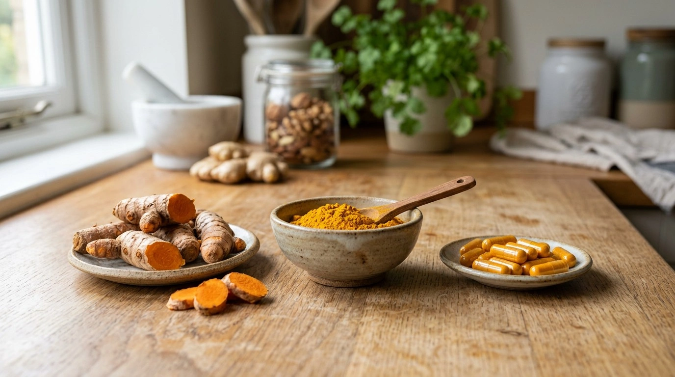 Turmeric root, turmeric powder and curcumin supplement capsules