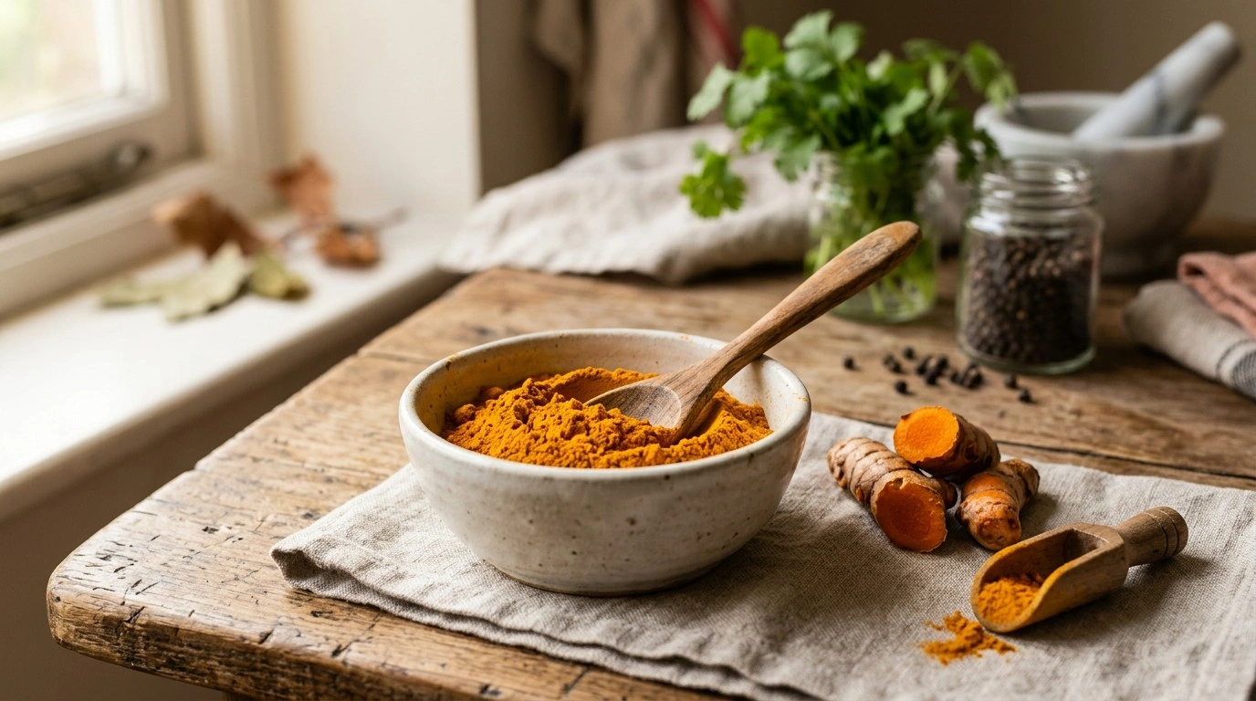 Ground turmeric powder in a bowl with fresh turmeric rhizomes