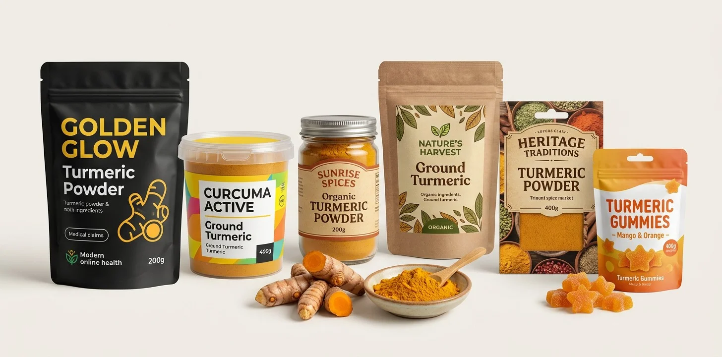 Selection of turmeric powders in different packaging with turmeric root and powder