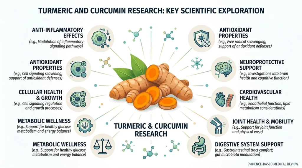 Educational graphic showing health areas studied in turmeric and curcumin research