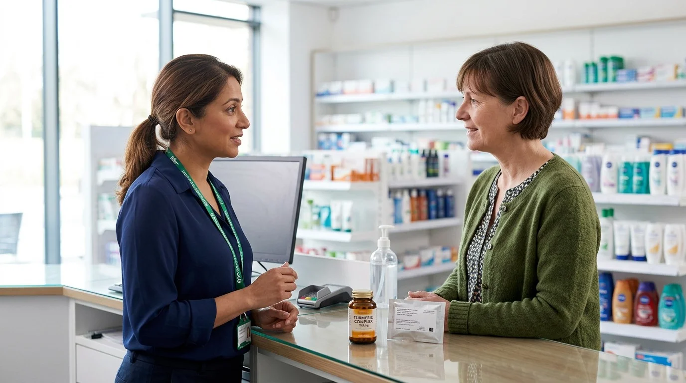 Turmeric supplement beside prescription medicine with a pharmacist consultation in the background