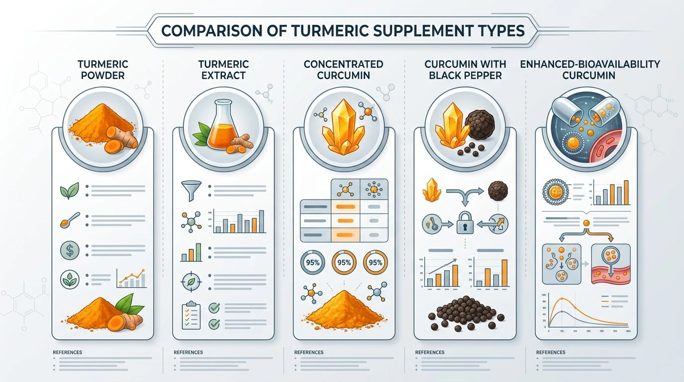 Visual comparison of turmeric powder, extracts, curcumin and enhanced formulations