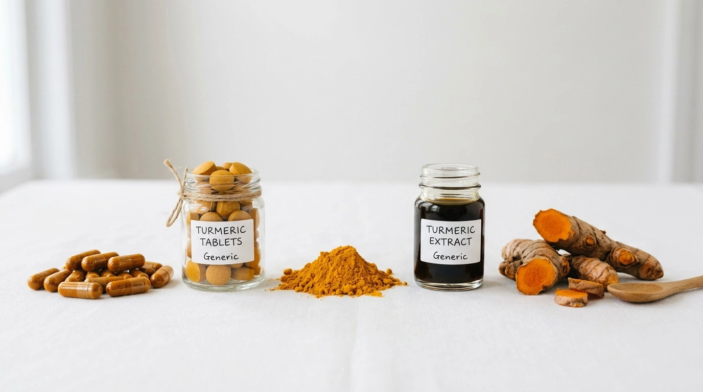 Turmeric capsules, tablets, powder and extract shown alongside fresh turmeric