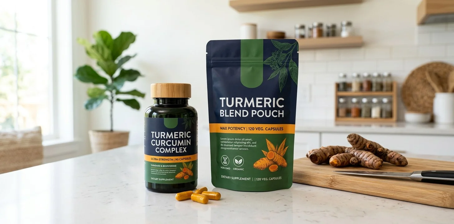 Turmeric supplement bottle and pouch with fresh turmeric root