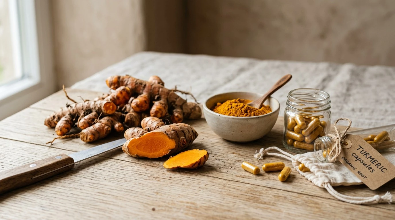 Fresh turmeric root, turmeric powder and turmeric supplement capsules