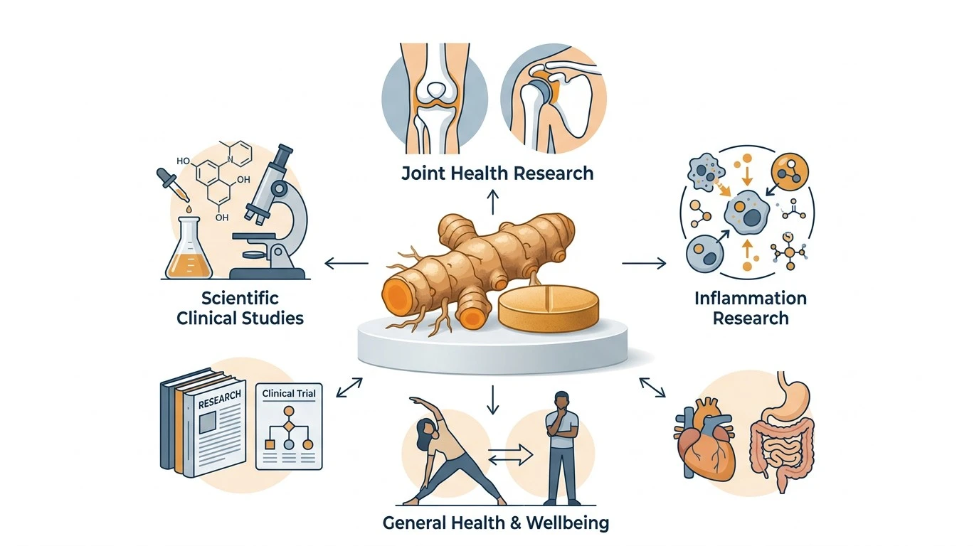 Educational graphic showing areas studied in turmeric and curcumin supplement research