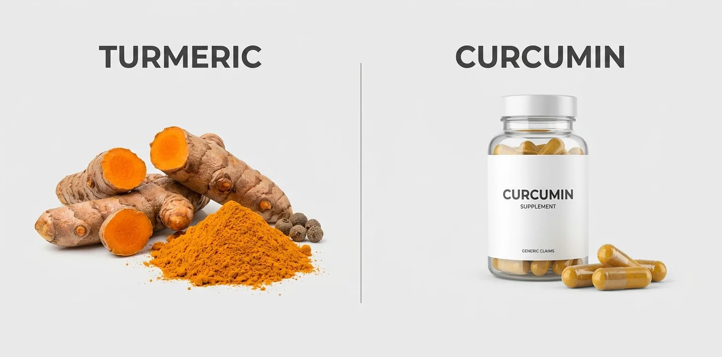 Turmeric root and powder compared with a concentrated curcumin extract and supplement form