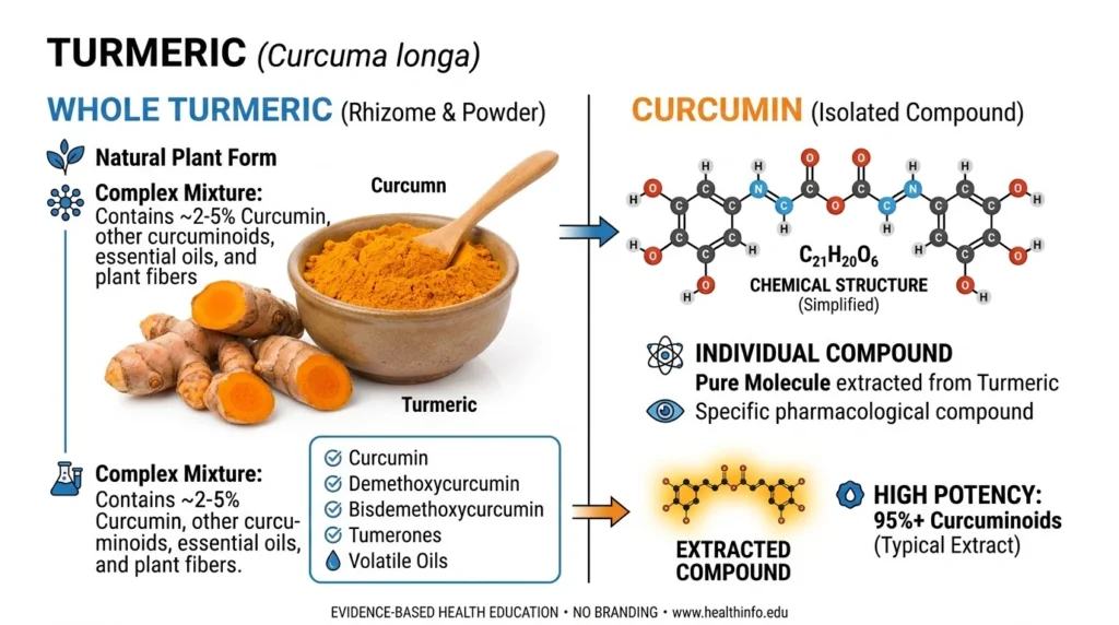 Visual comparison showing turmeric rhizome and powder beside curcumin