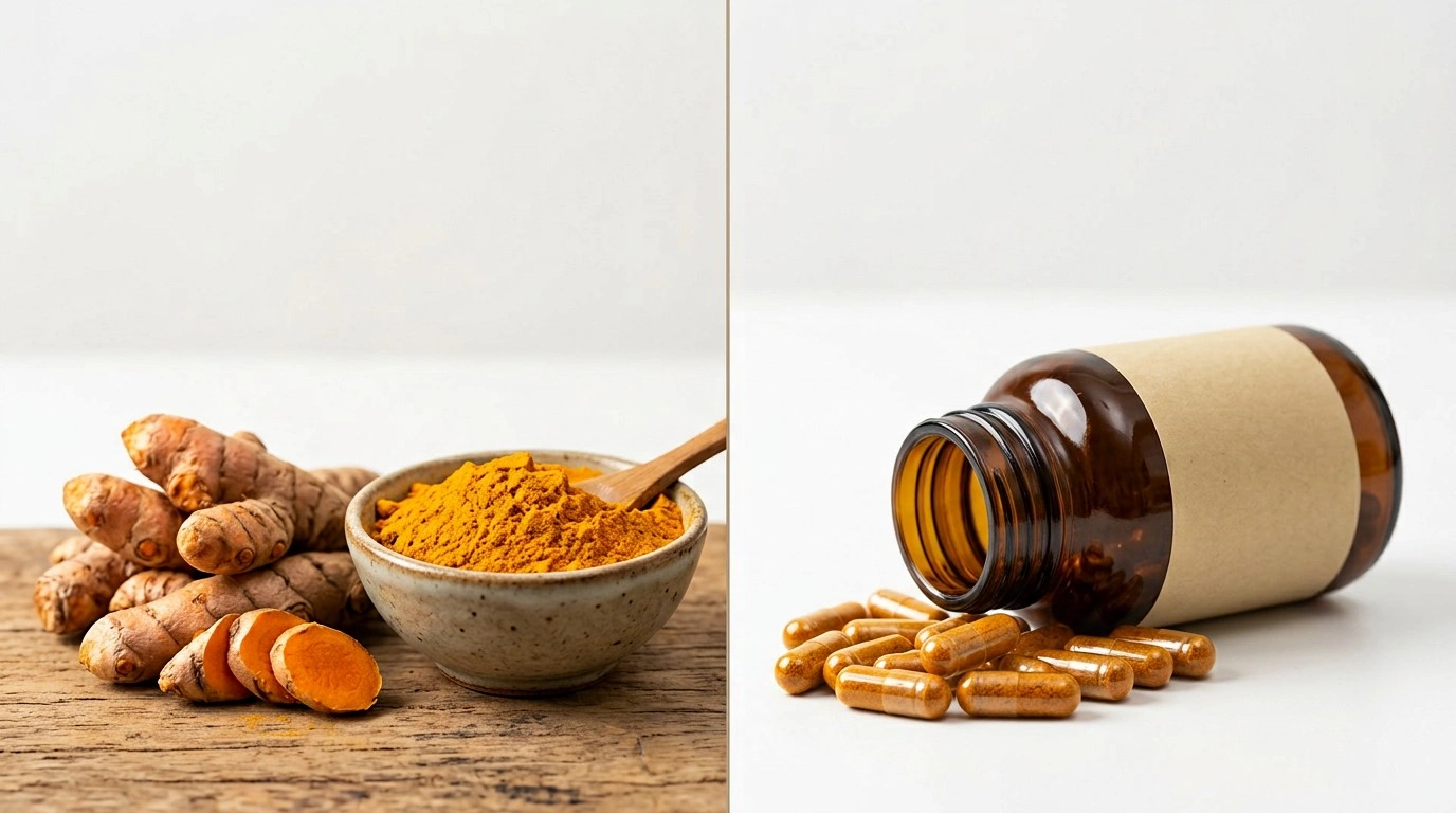 Turmeric root and powder compared with concentrated curcumin supplement capsules