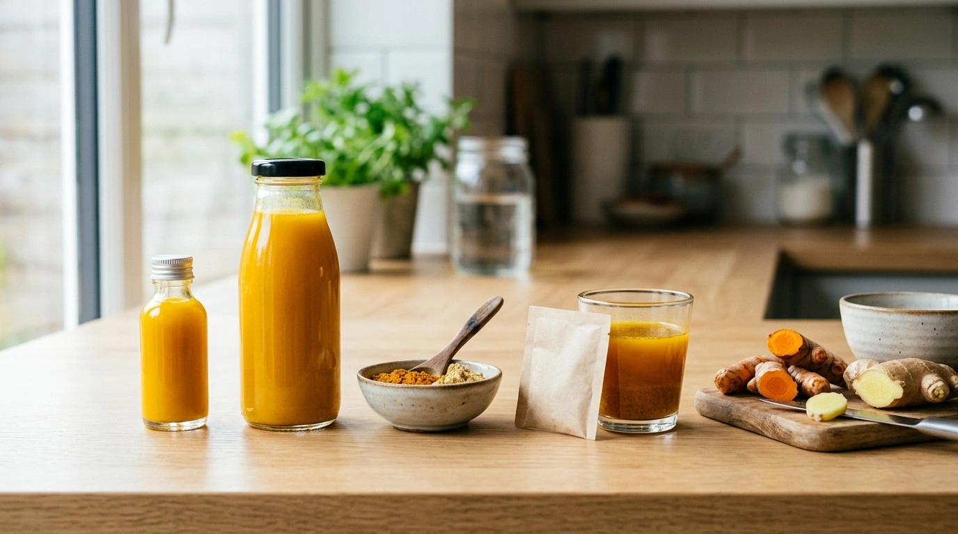 Different types of turmeric and ginger shots including liquid, powder and homemade versions