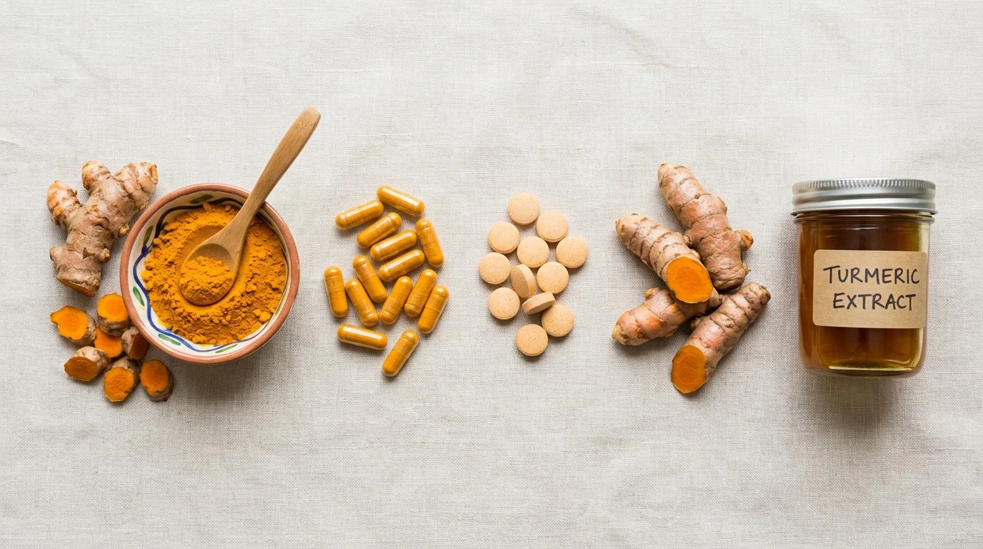 Turmeric powder, capsules and tablets representing different turmeric supplement types