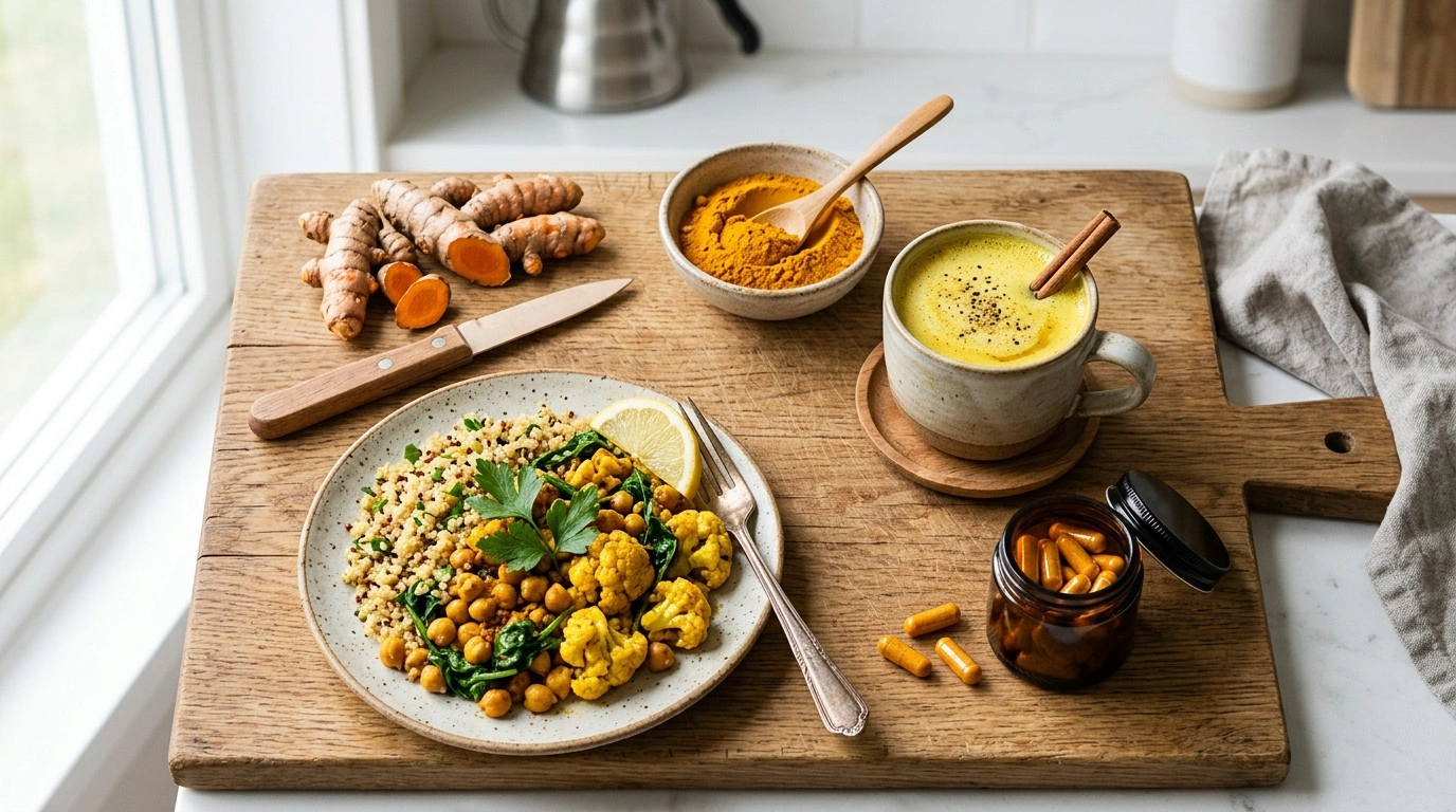 Fresh turmeric, turmeric powder, tea and supplements showing different ways turmeric can be consumed