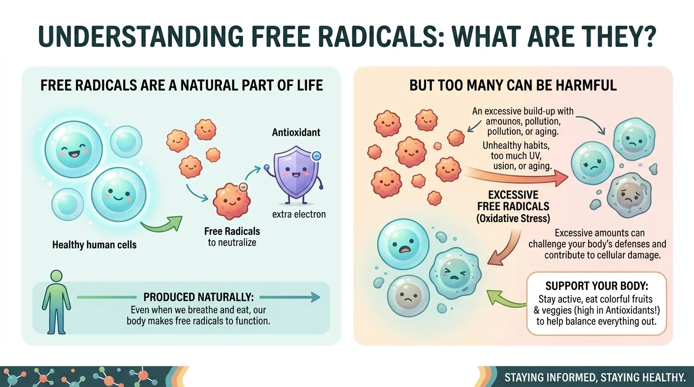 Simple diagram explaining free radicals and how they can interact with cells