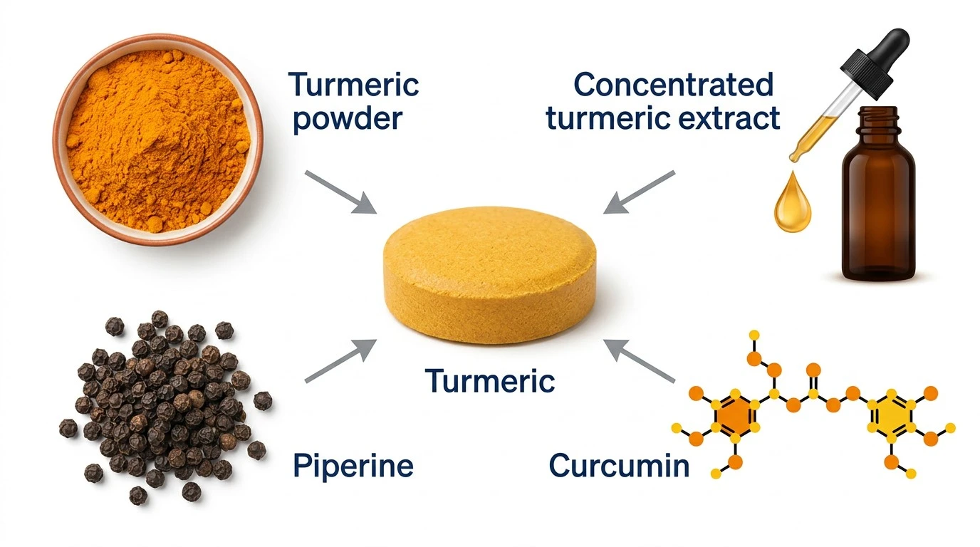 Illustration showing turmeric powder, turmeric extract, curcumin and black pepper used in turmeric tablets