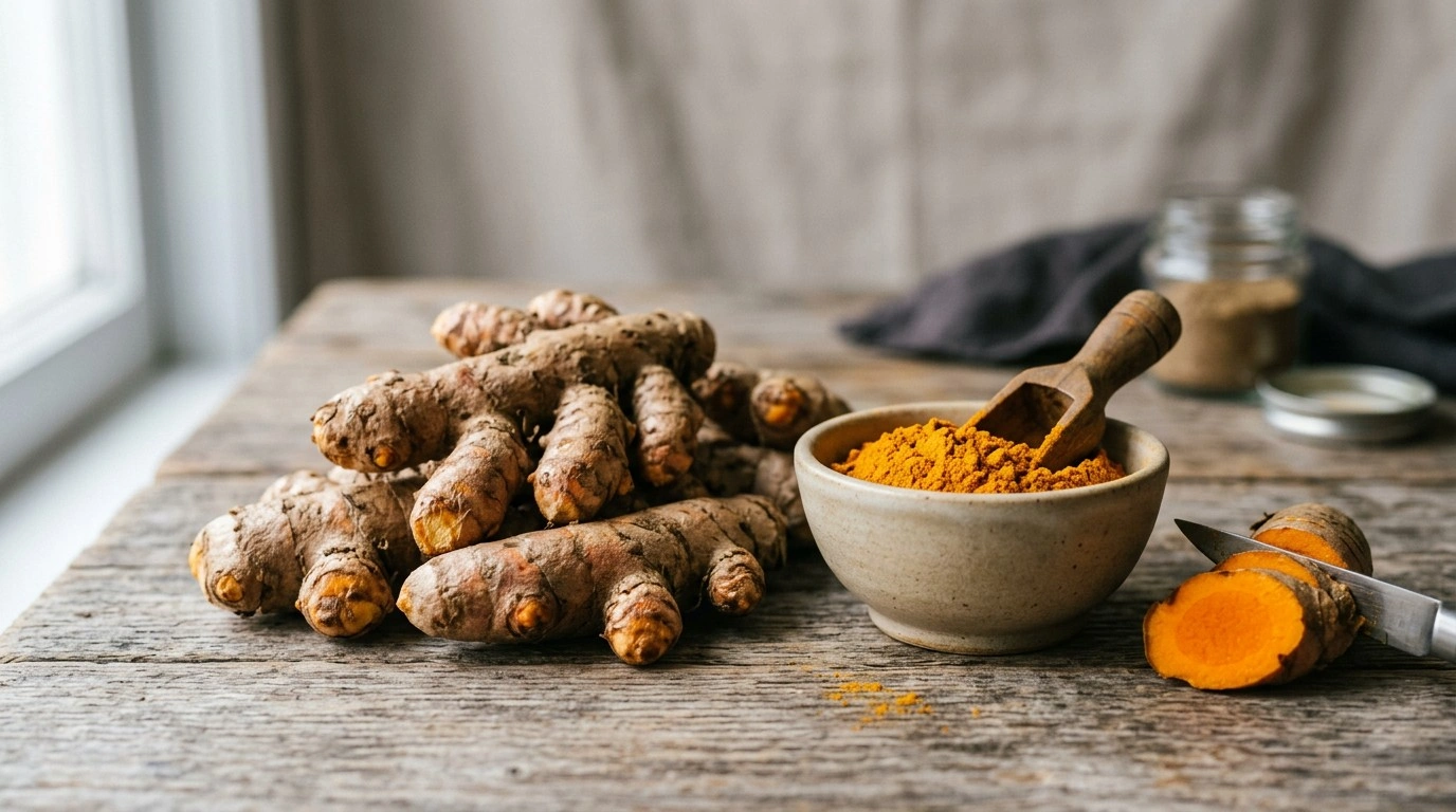 Fresh turmeric root beside ground turmeric powder