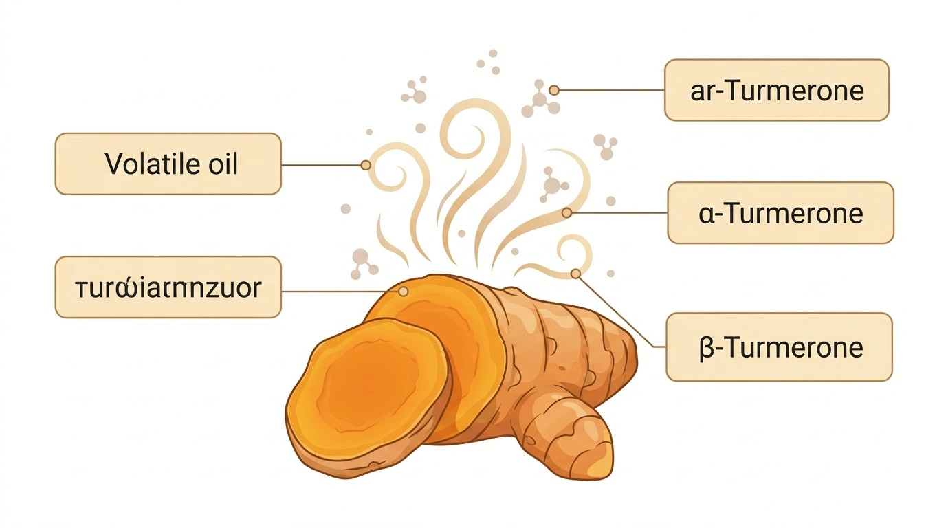 Diagram showing volatile oils and turmerones that contribute to turmeric's smell