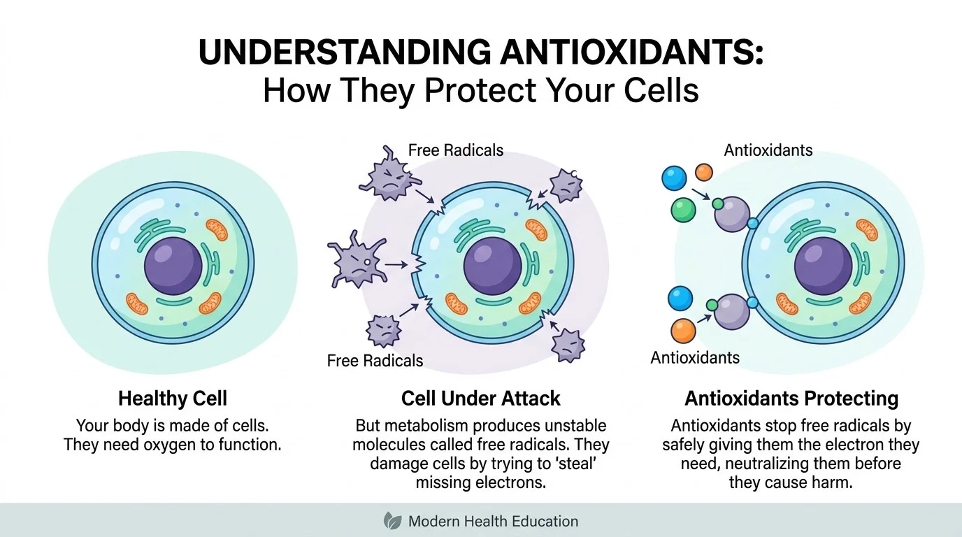 Simple illustration explaining how antioxidants interact with free radicals