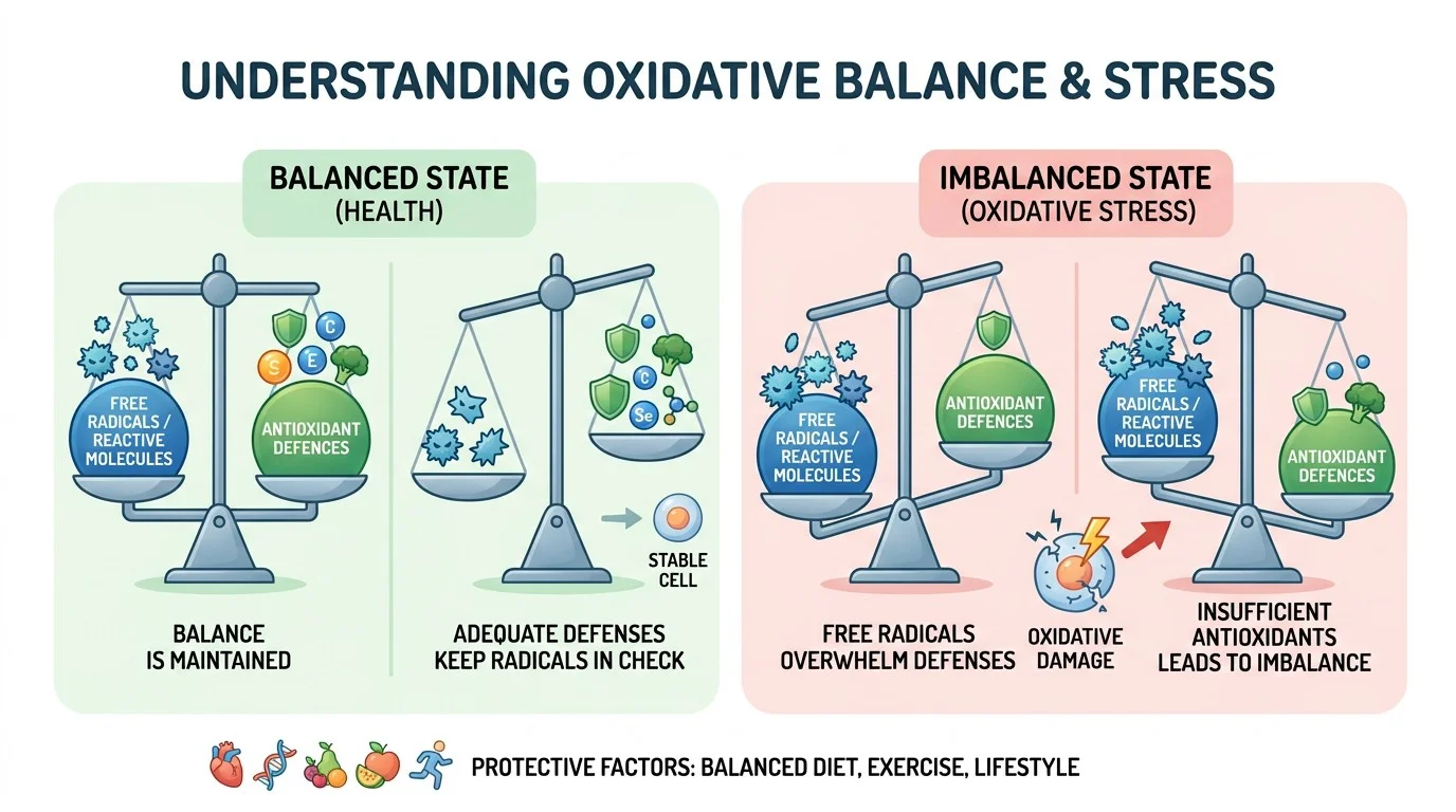 Balance diagram explaining oxidative stress and antioxidant defences