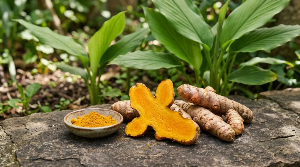 Fresh turmeric rhizomes, turmeric powder and Curcuma longa leaves