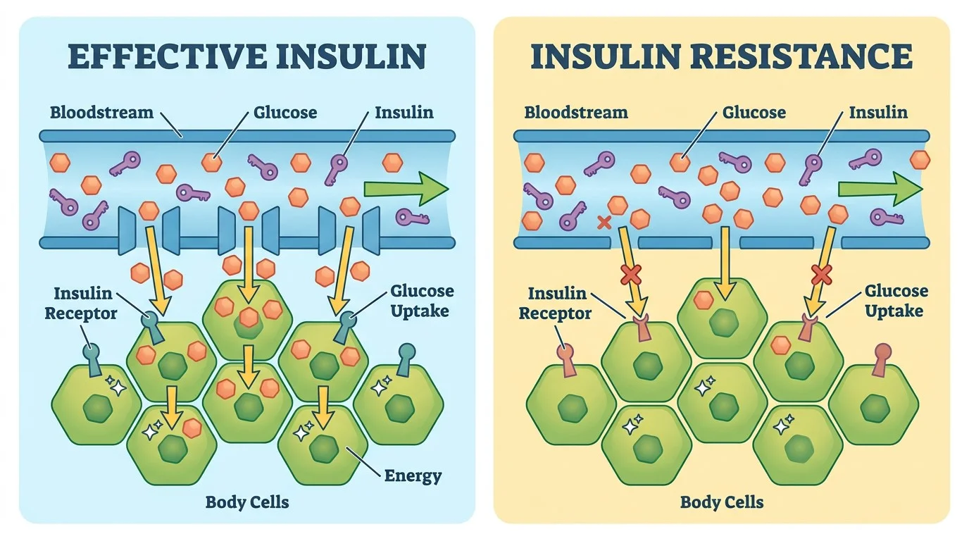 Simple educational illustration showing glucose, insulin and the movement of glucose into body cells