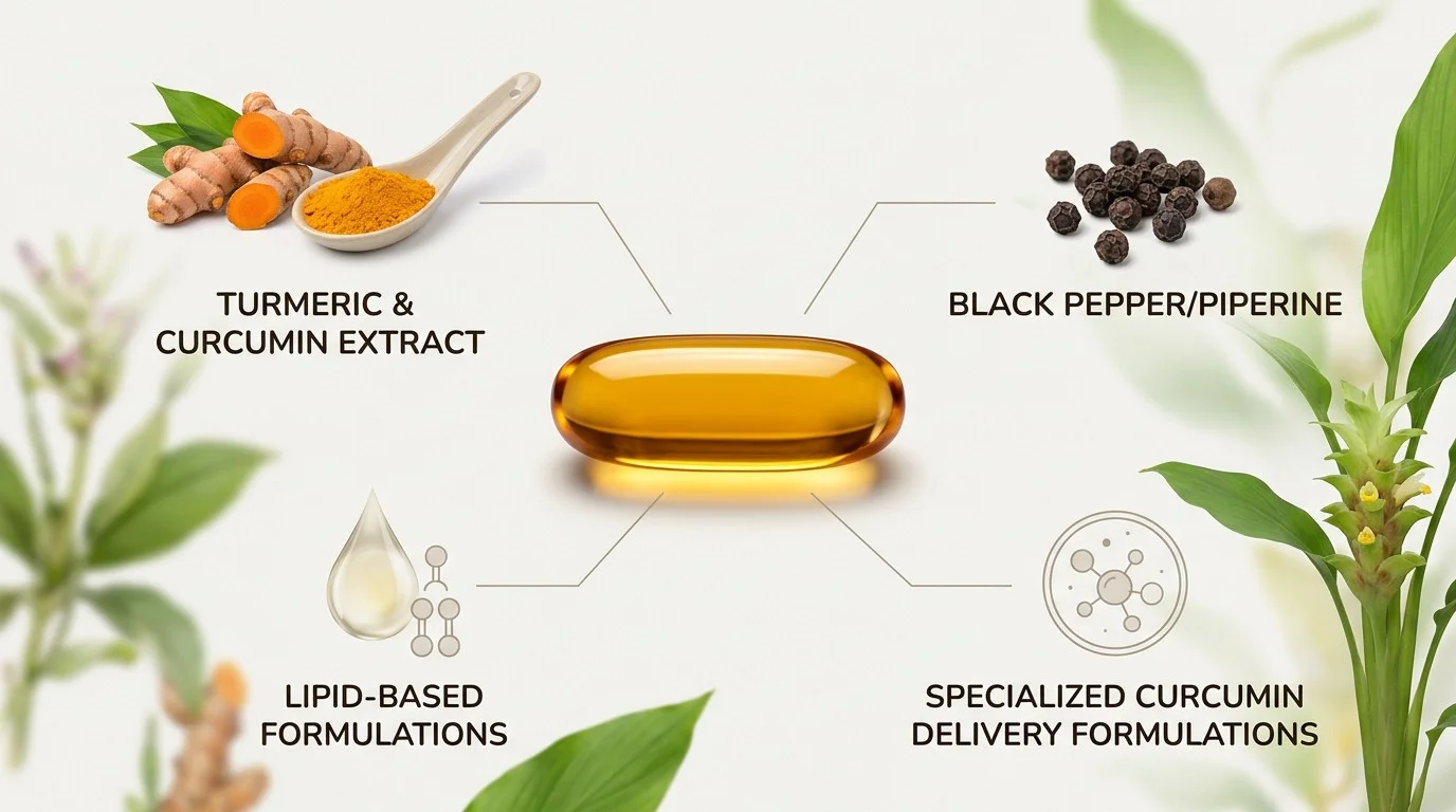 Curcumin capsule with turmeric, black pepper and visual elements