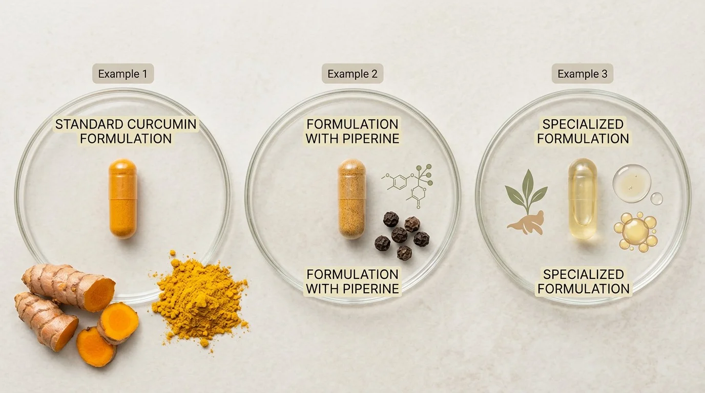 Selection of curcumin supplements in different bottles, containers and packaging