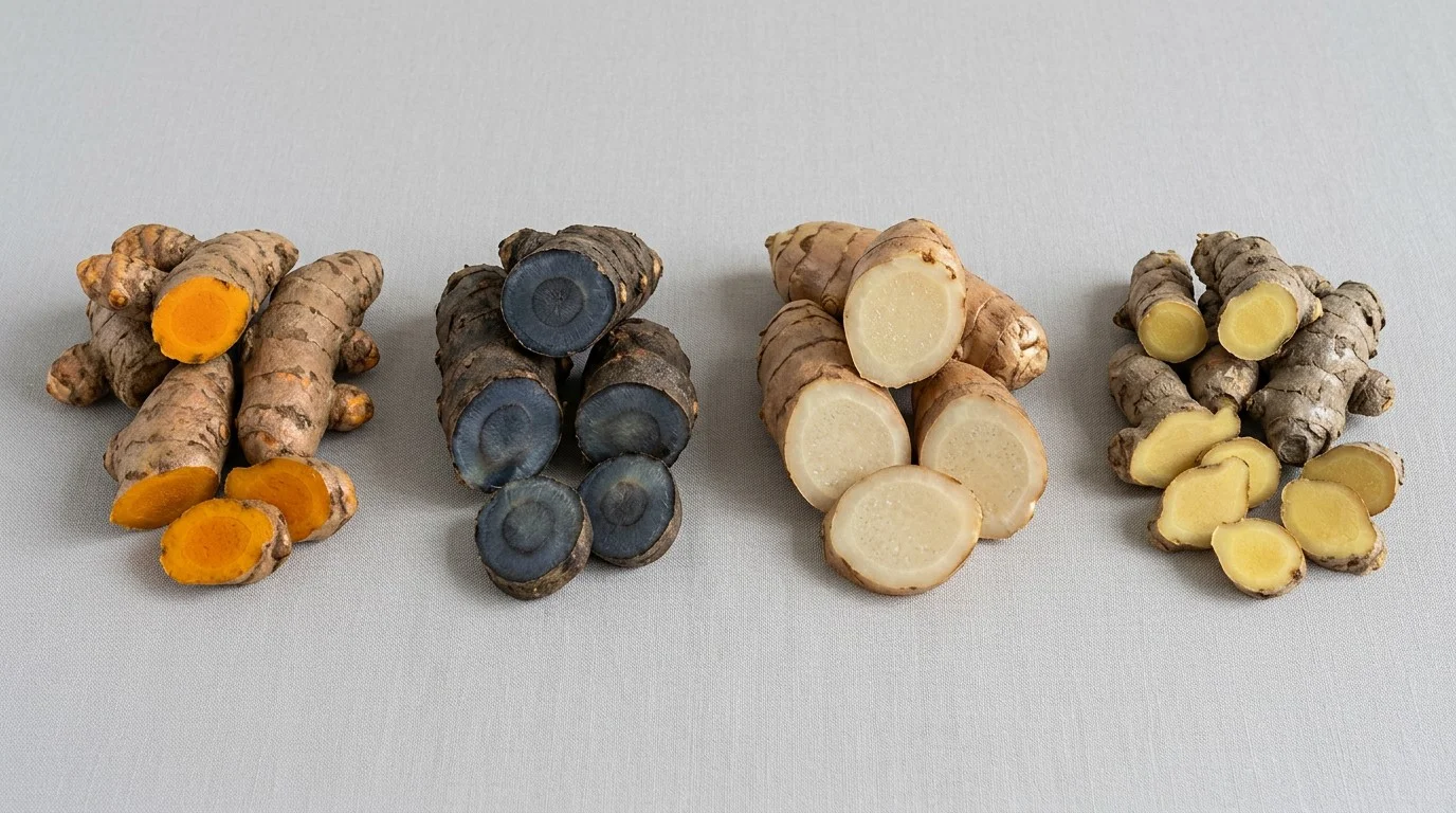 Botanical comparison illustrating yellow, black, white and wild turmeric rhizomes