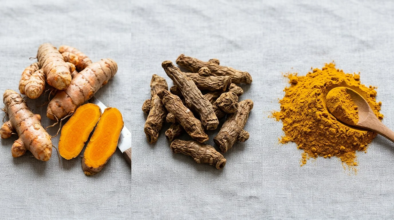 Comparison of fresh turmeric rhizomes, dried turmeric pieces and ground turmeric powder