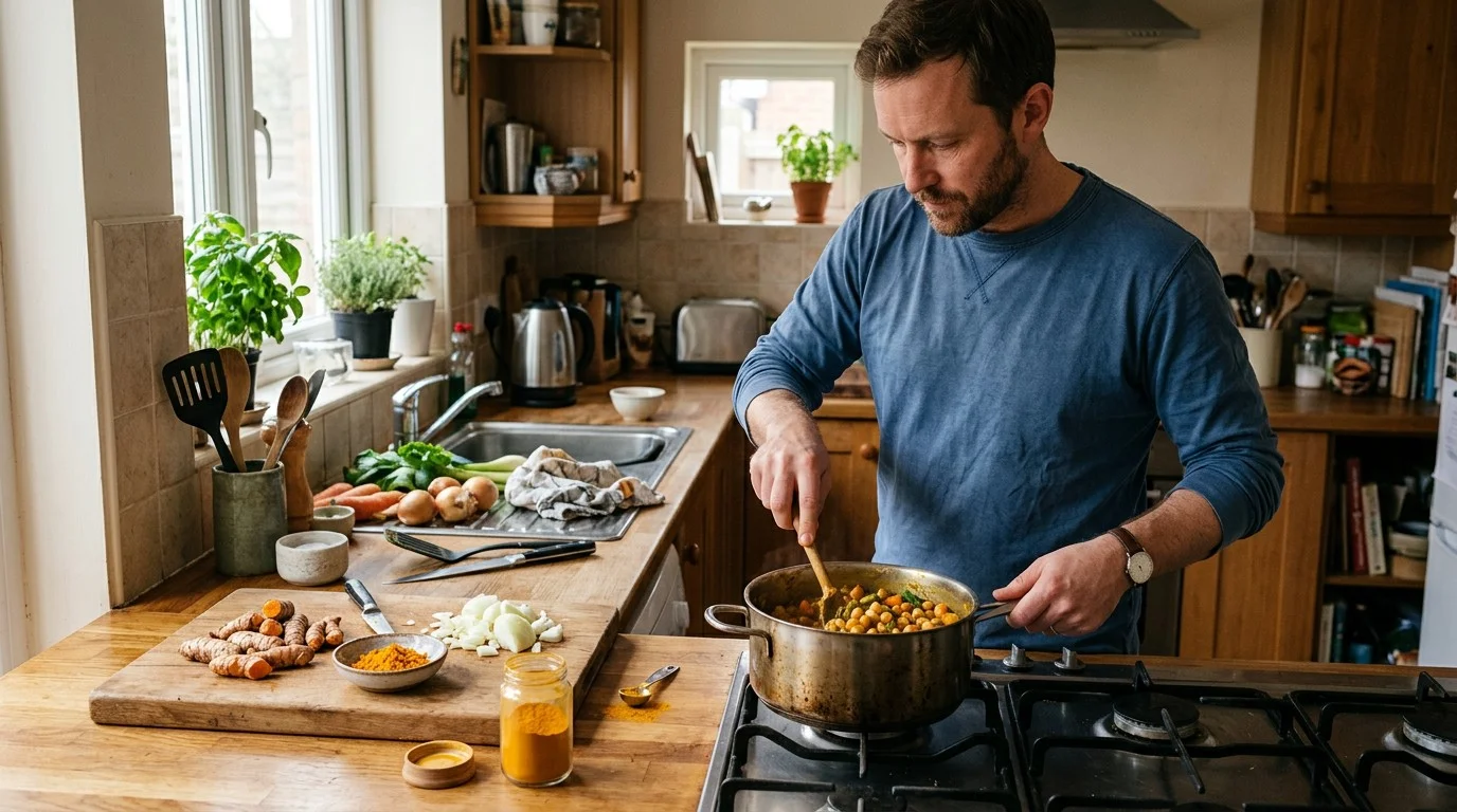Adult preparing food with fresh grated turmeric root and a small jar of ground turmeric powder