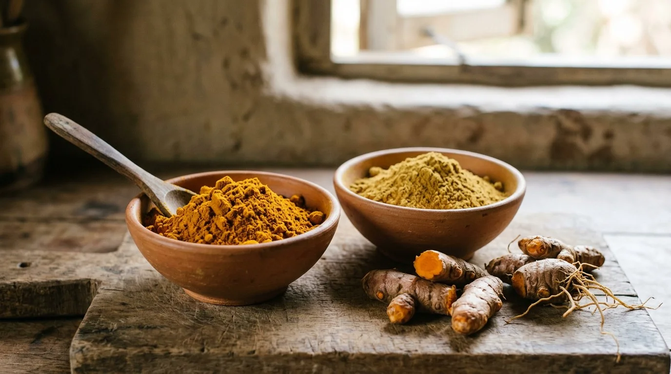 wo golden turmeric powder samples with whole turmeric rhizomes illustrating natural colour variation