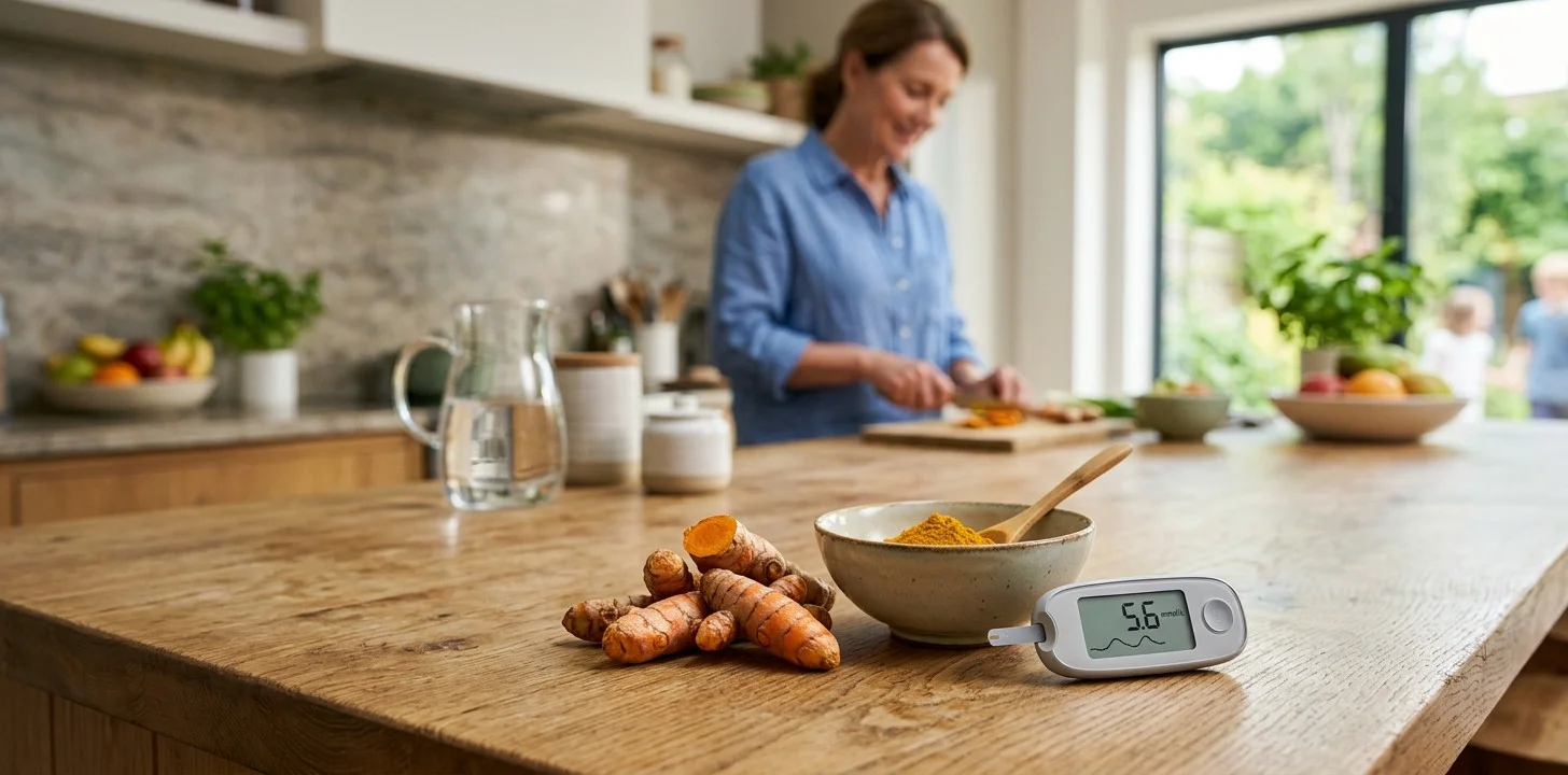 Turmeric root and powder with a simple representation of blood glucose and metabolic health