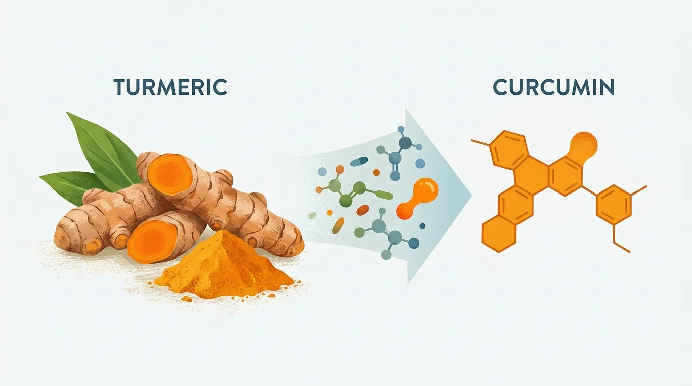 Illustration showing whole turmeric and curcumin as one of the naturally occurring compounds found within turmeric