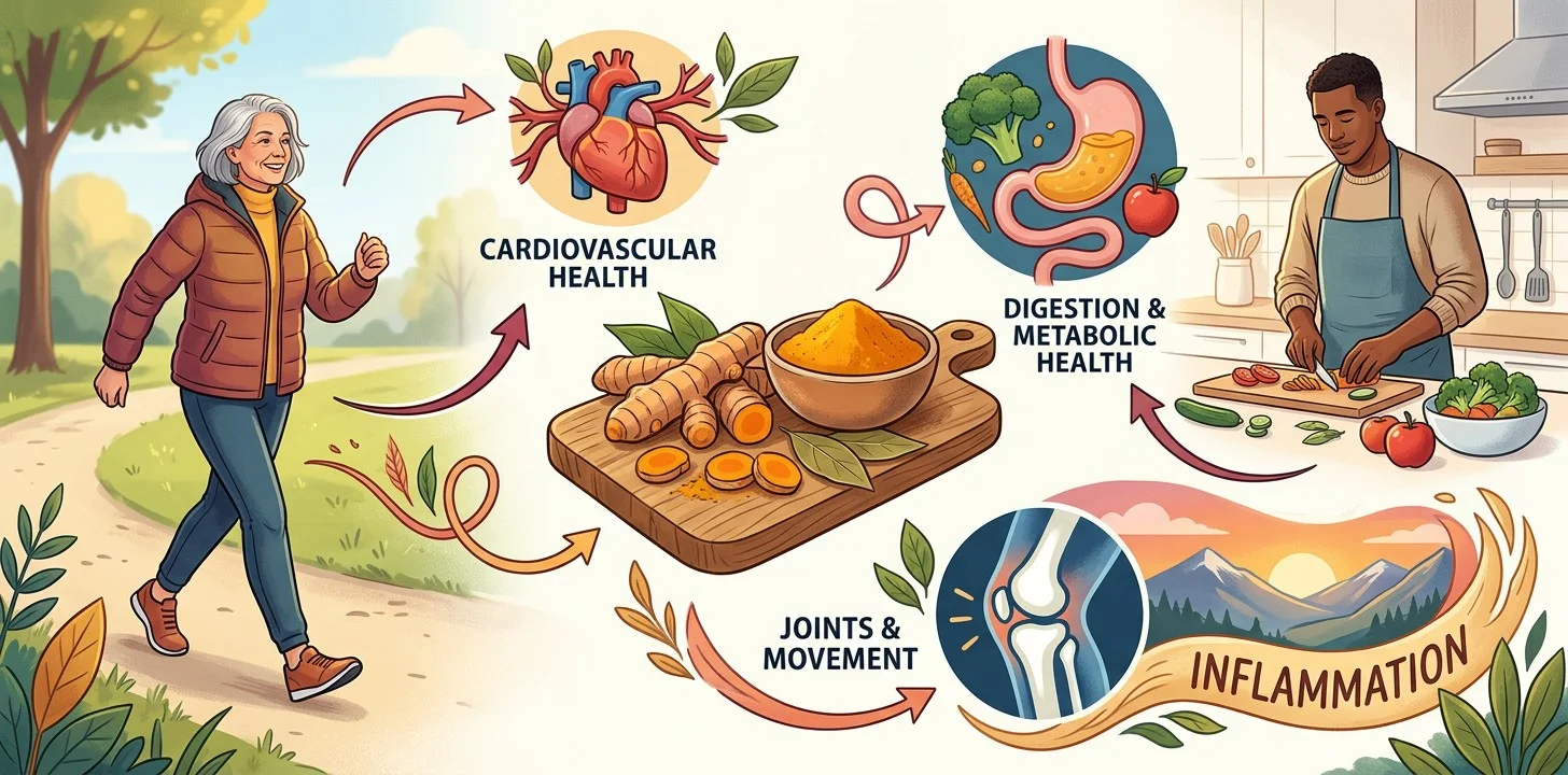 Turmeric with illustrations representing areas of health research including heart, joints, digestion, inflammation and metabolic health