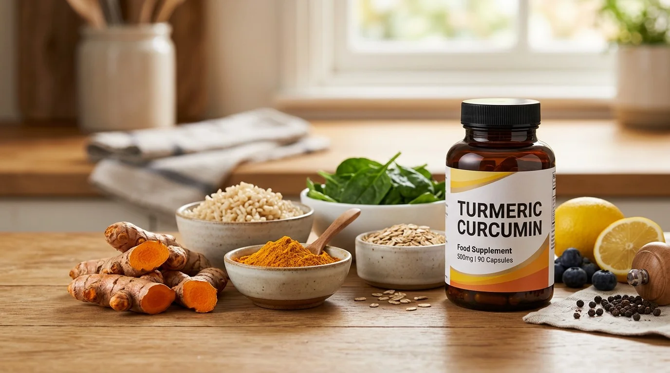 Turmeric root, ground turmeric, everyday food and a turmeric curcumin supplement
