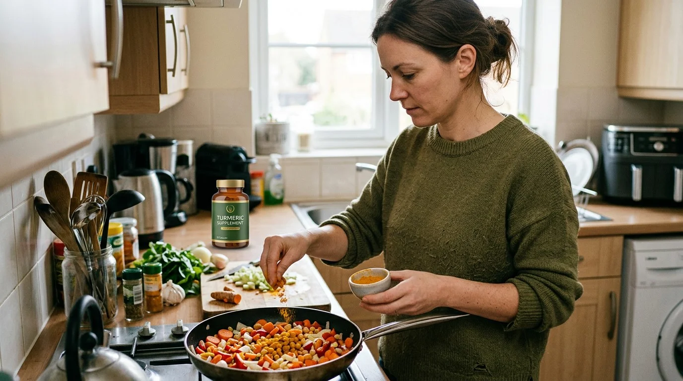 Adult preparing food with turmeric while a commercially packaged turmeric supplement sits naturally on the kitchen worktop