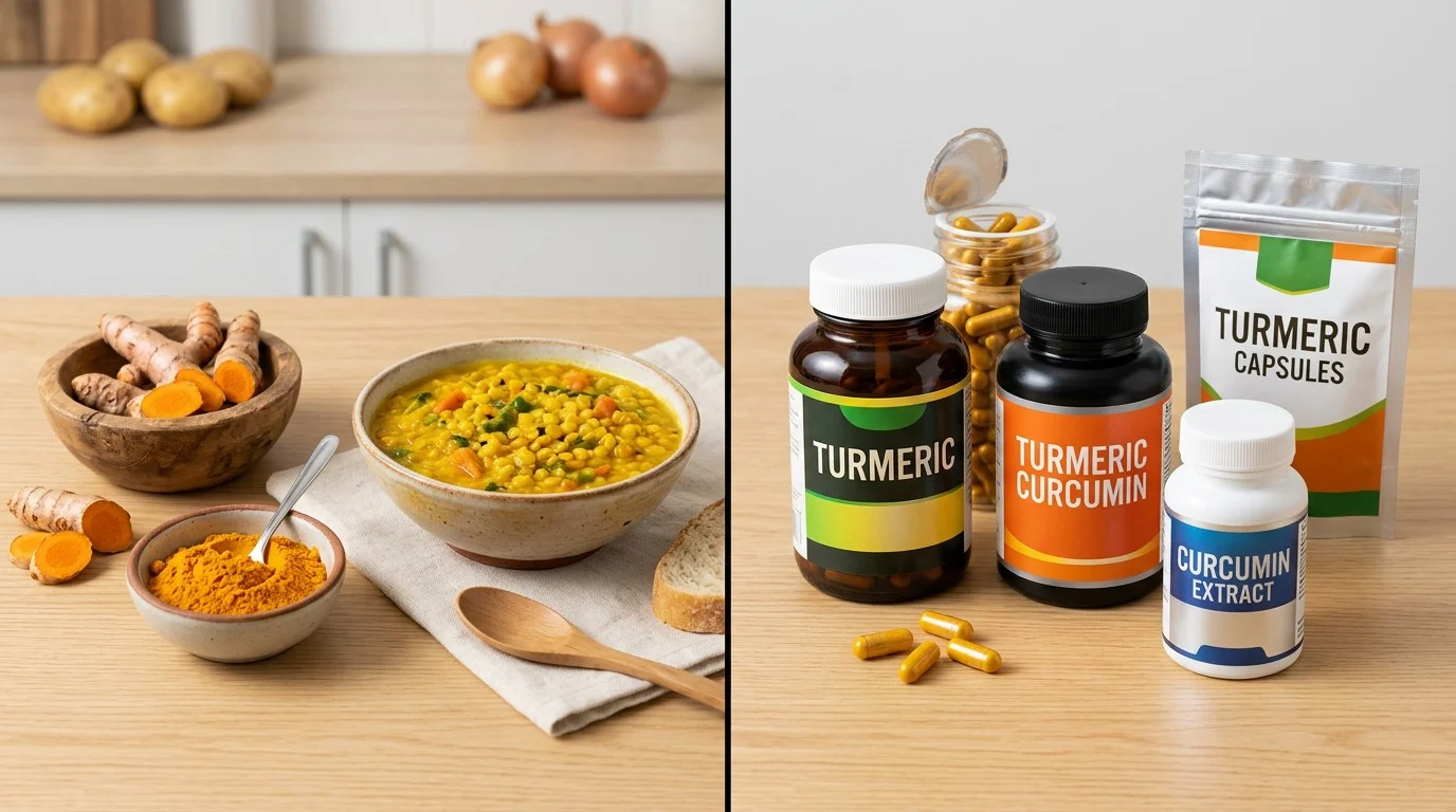 Turmeric root and powder compared with turmeric and curcumin supplement bottles, pouches and capsules