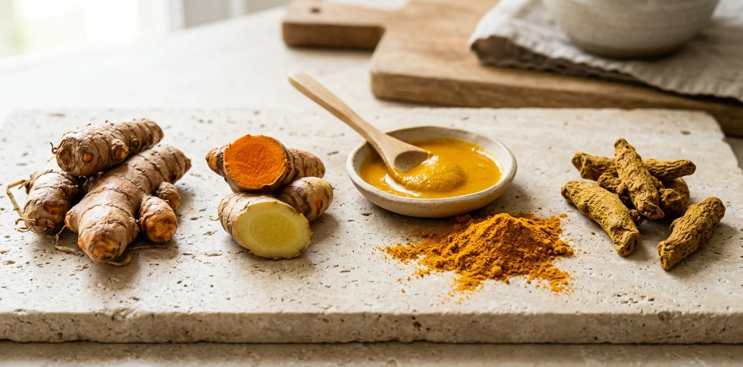 Fresh turmeric root, dried turmeric, ground turmeric powder and turmeric paste arranged together
