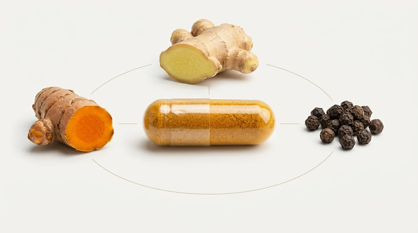 Capsule with turmeric, ginger and black pepper representing ingredients used in combined turmeric supplements