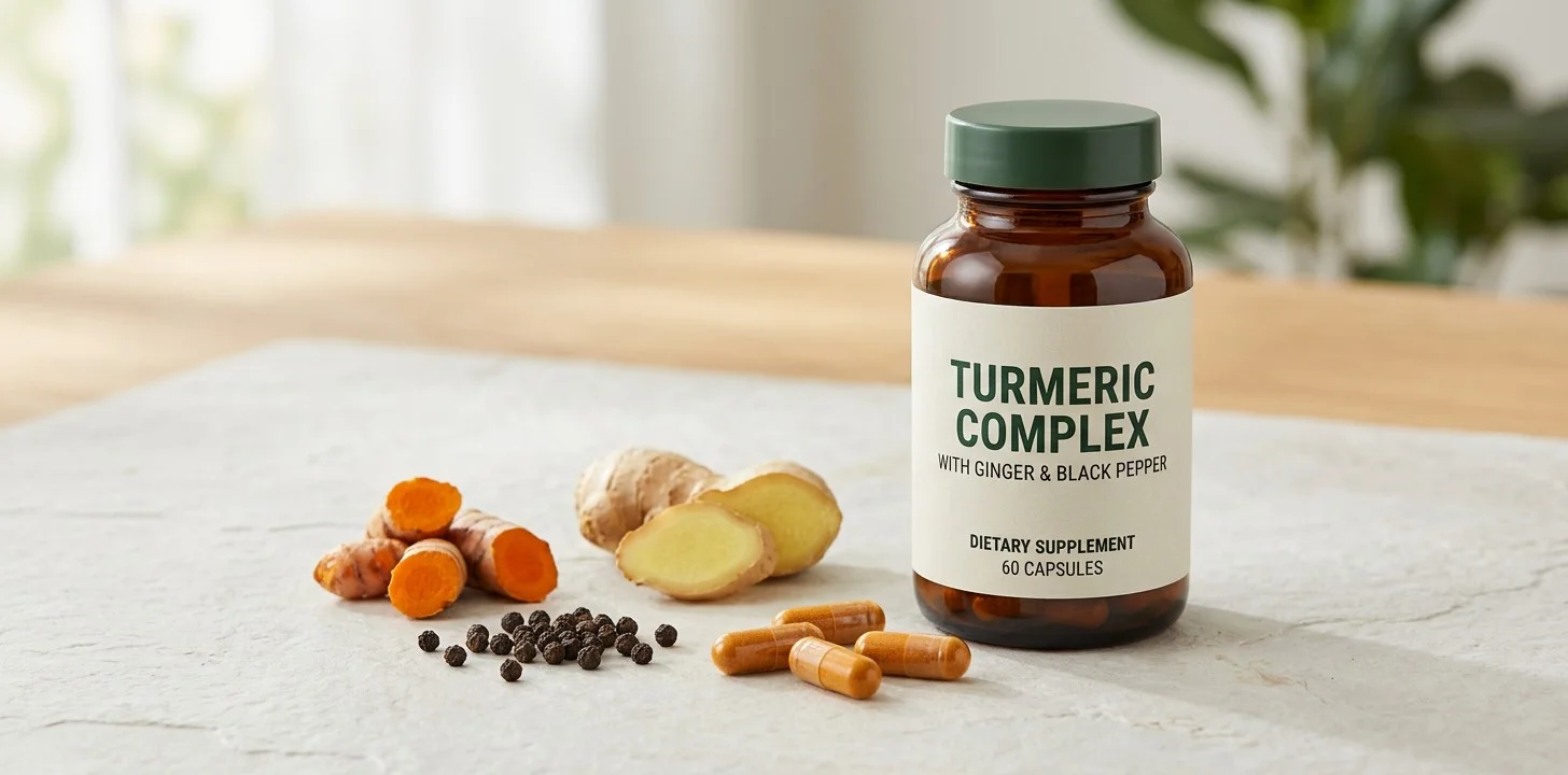 Turmeric, ginger and black pepper supplement capsules with turmeric root, ginger and black peppercorns