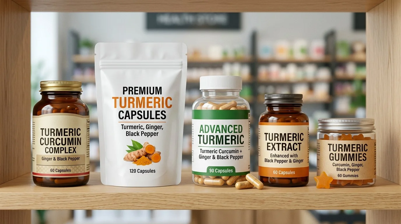 Selection of turmeric, ginger and black pepper supplements in bottles and pouches, mainly showing capsule products