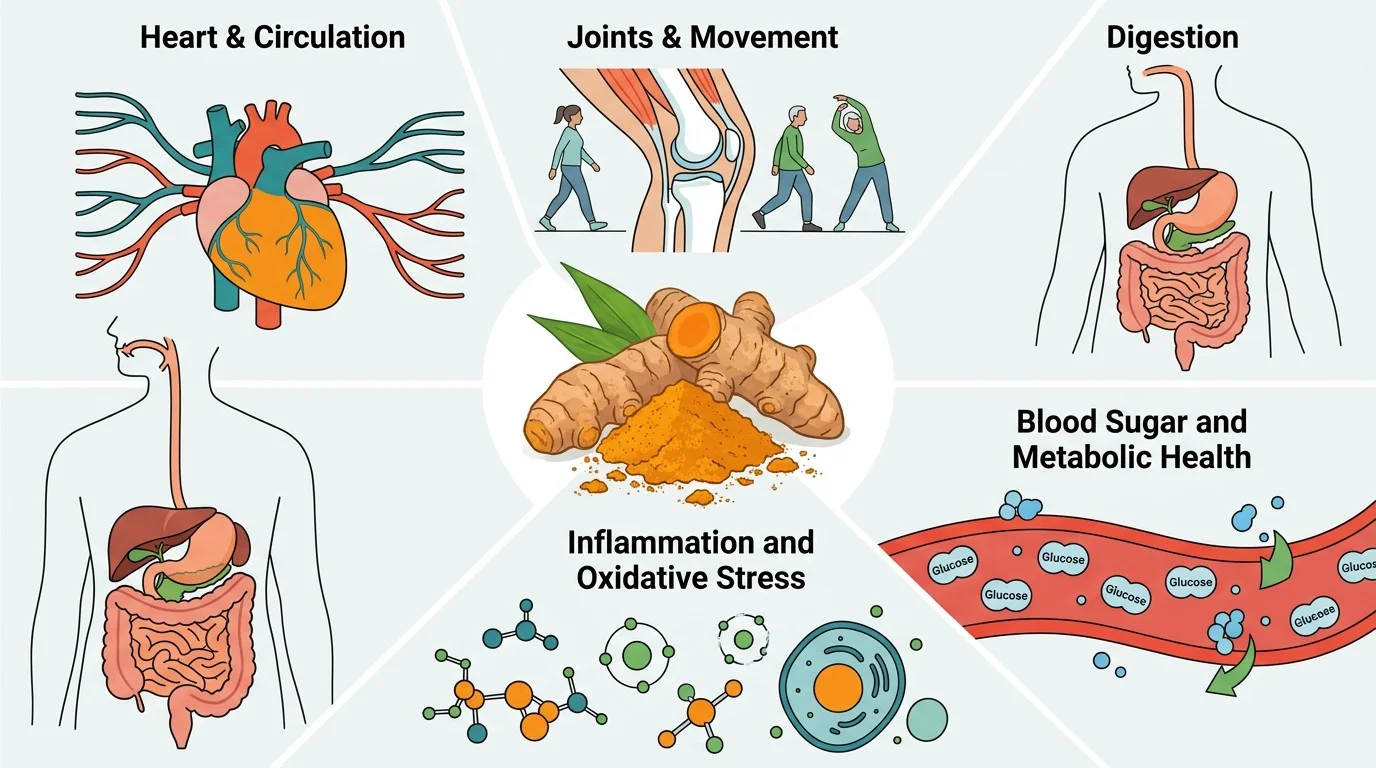 Illustration showing turmeric alongside heart, joint, digestive, inflammation and metabolic health research areas